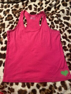 Bright Pink Racerback Tank Top with Green Heart Accent